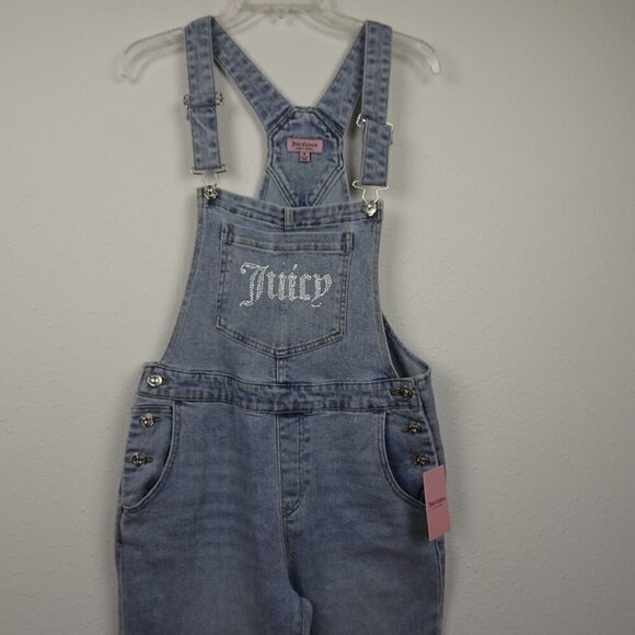 Juicy Couture Overalls Women's Size M Blue Denim Wide Leg Rhinestone Logo - Picture 2 of 10